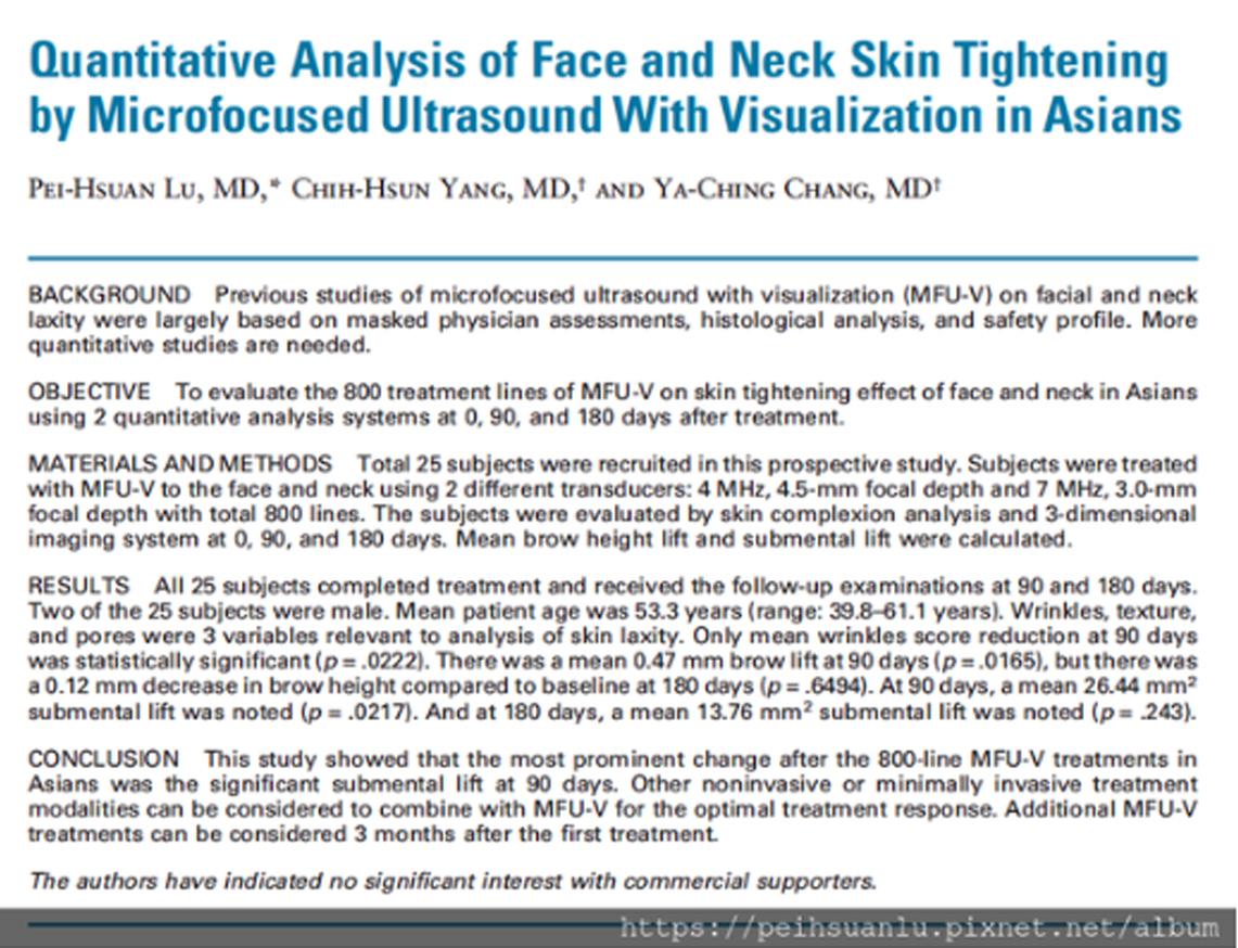 呂佩璇醫師，投稿至美國皮膚外科醫學會官方期刊Dermatologic Surgery的身分告訴讀者們:對於非侵入性皮膚緊實儀器應該有甚麼預期以及治療設計、規劃。